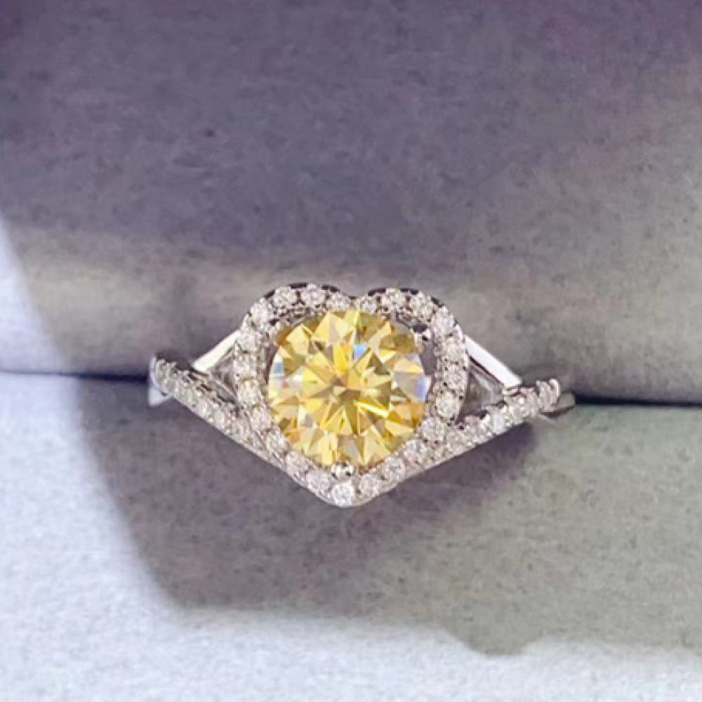 Heart Ring, 1 Carat Moissanite in Clear, Yellow, or Green with accent Zircons