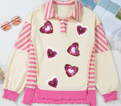 Valentine’s Day Sequin Heart Pattern Long Sleeve Sweatshirt