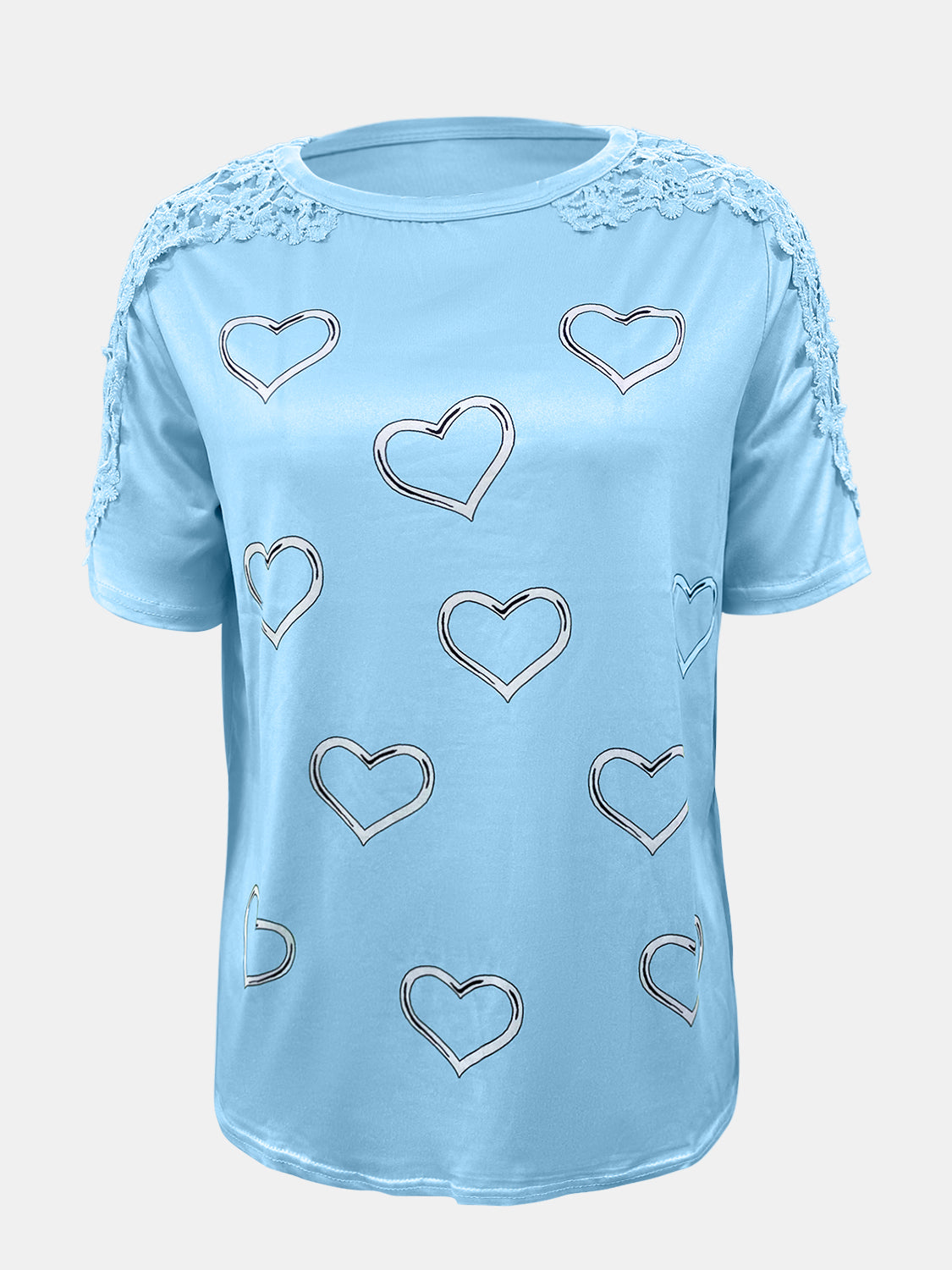 Full Size Lace, Detail Heart Round Neck Short Sleeve Top