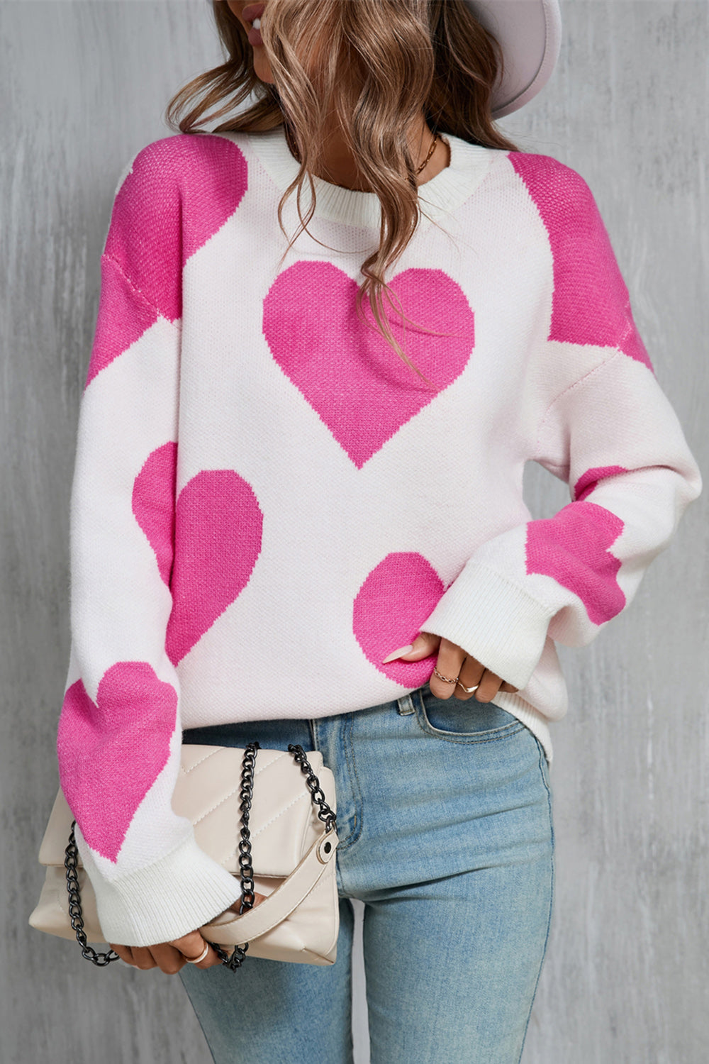 Angel Wings Long Sleeve Sweater, Contrast Heart with Dropped Shoulder