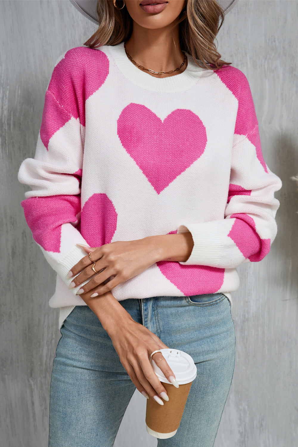 Angel Wings Long Sleeve Sweater, Contrast Heart with Dropped Shoulder