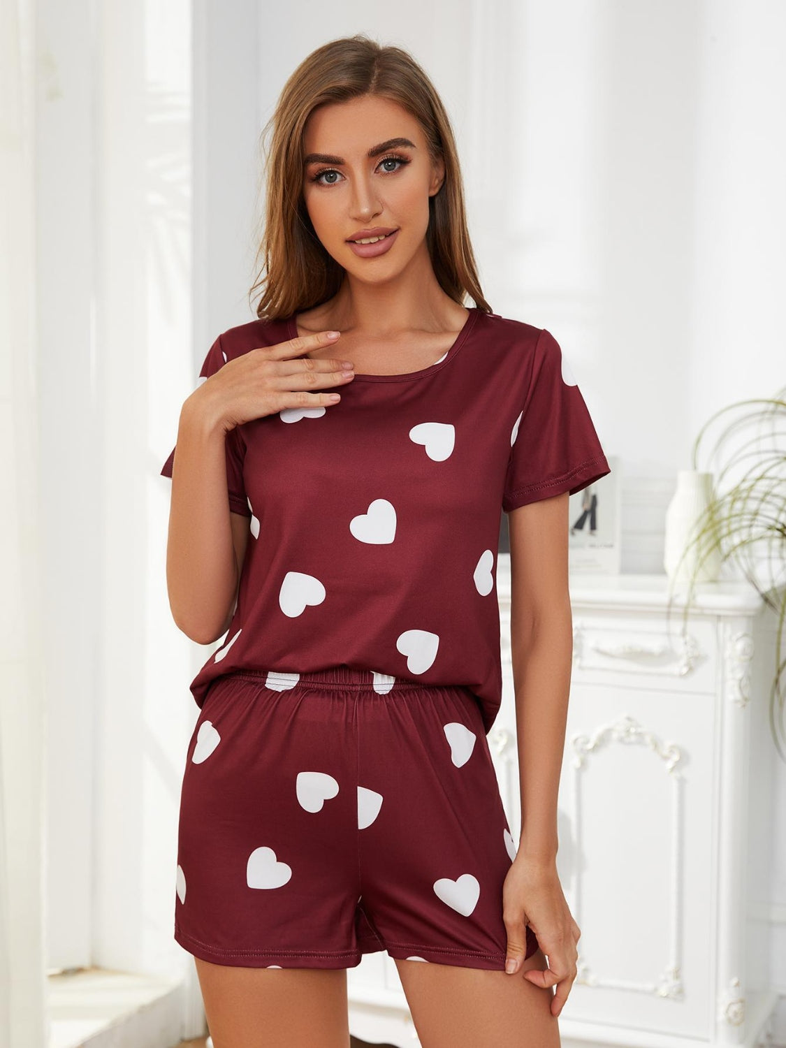 Burgundy or Tan, Top and Shorts Lounge Set with Hearts