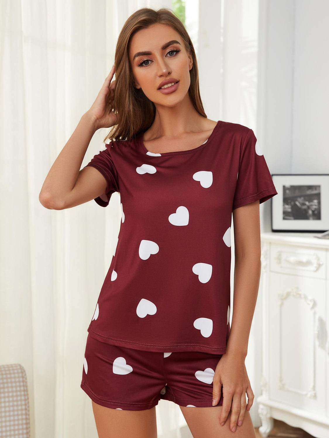 Burgundy or Tan, Top and Shorts Lounge Set with Hearts