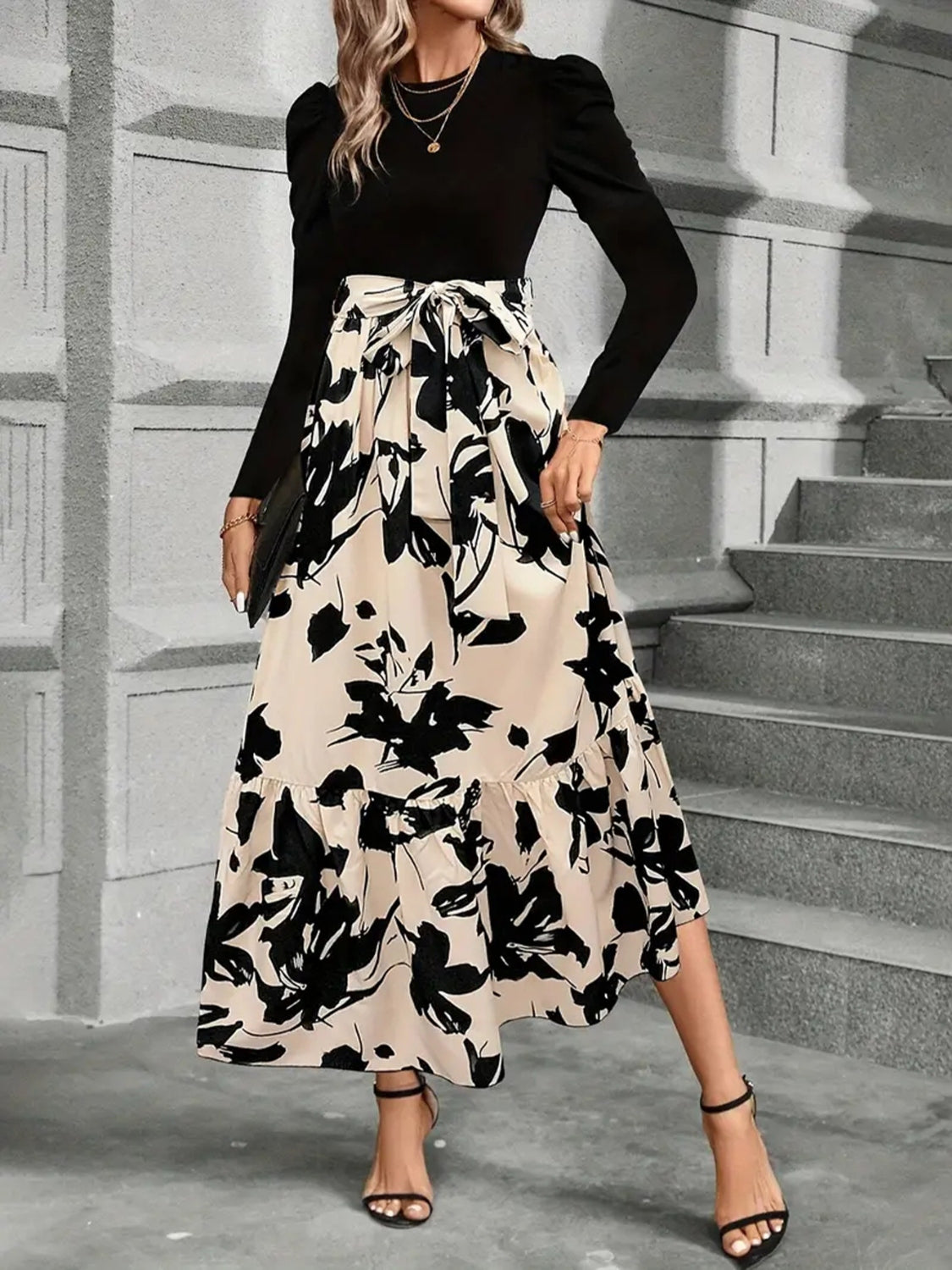 Black and Cream long skirted, Long Sleeve Dress