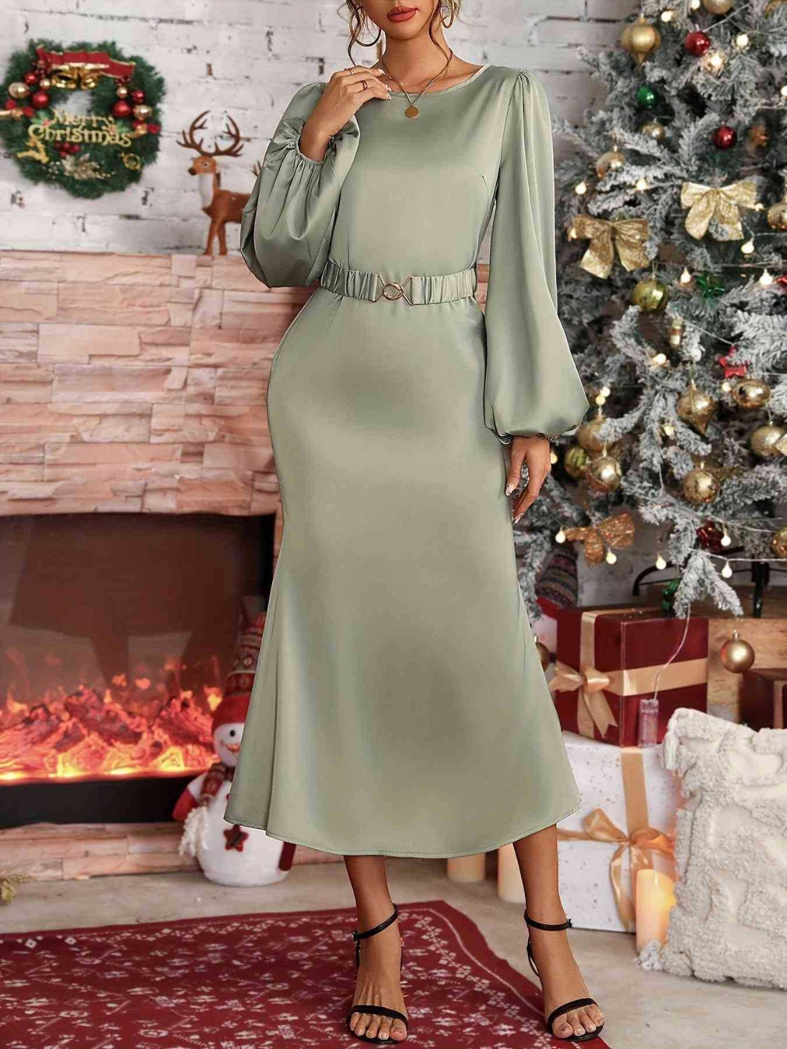 Sage Midi Dress with Round Neck & Balloon Sleeve