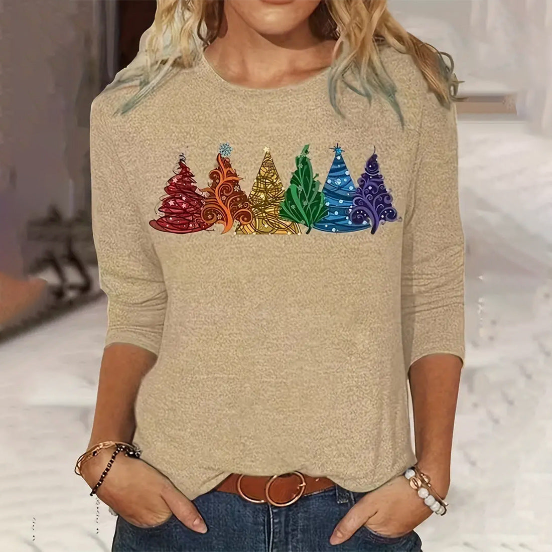 Women's Christmas Tree, Long-sleeved, Round Neck T-shirt