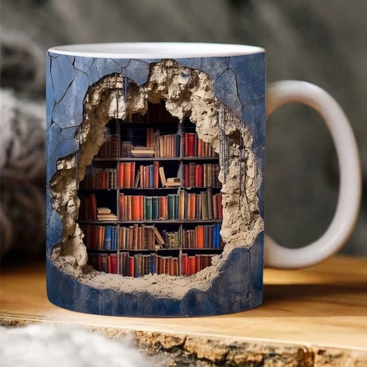 Book Lovers Coffee Mug - Creative, Ceramic, 3D Bookshelf like in a Library