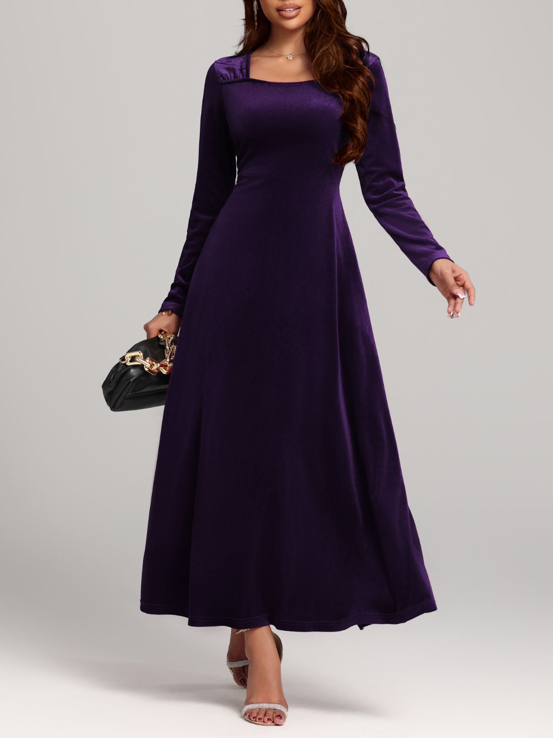 Square Neck Long Sleeve Velvet Dress