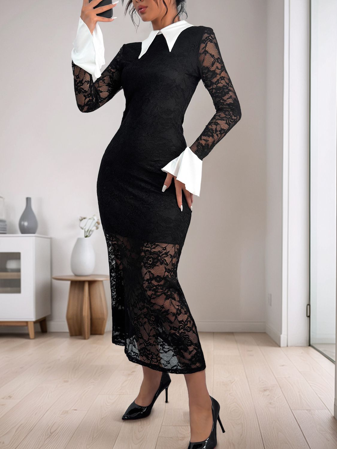 Perfee Lace Contrast, Collared Neck, Long Sleeve, Black Midi Dress