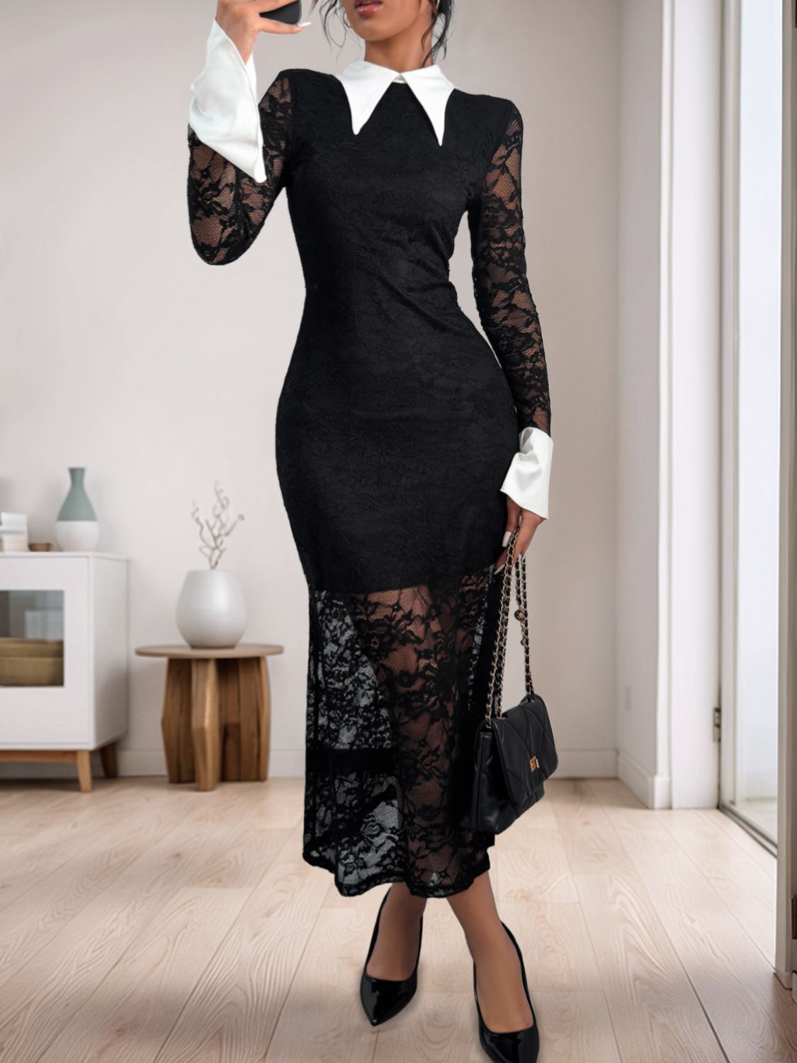 Perfee Lace Contrast, Collared Neck, Long Sleeve, Black Midi Dress