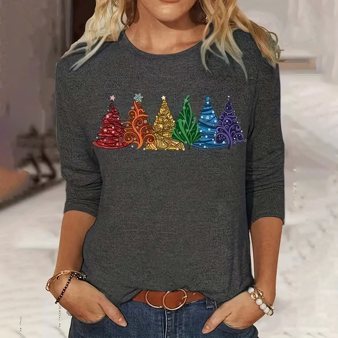 Women's Christmas Tree, Long-sleeved, Round Neck T-shirt