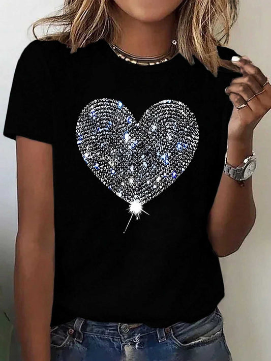 Sequin Heart Graphic, Round Neck, Short Sleeve T-Shirt