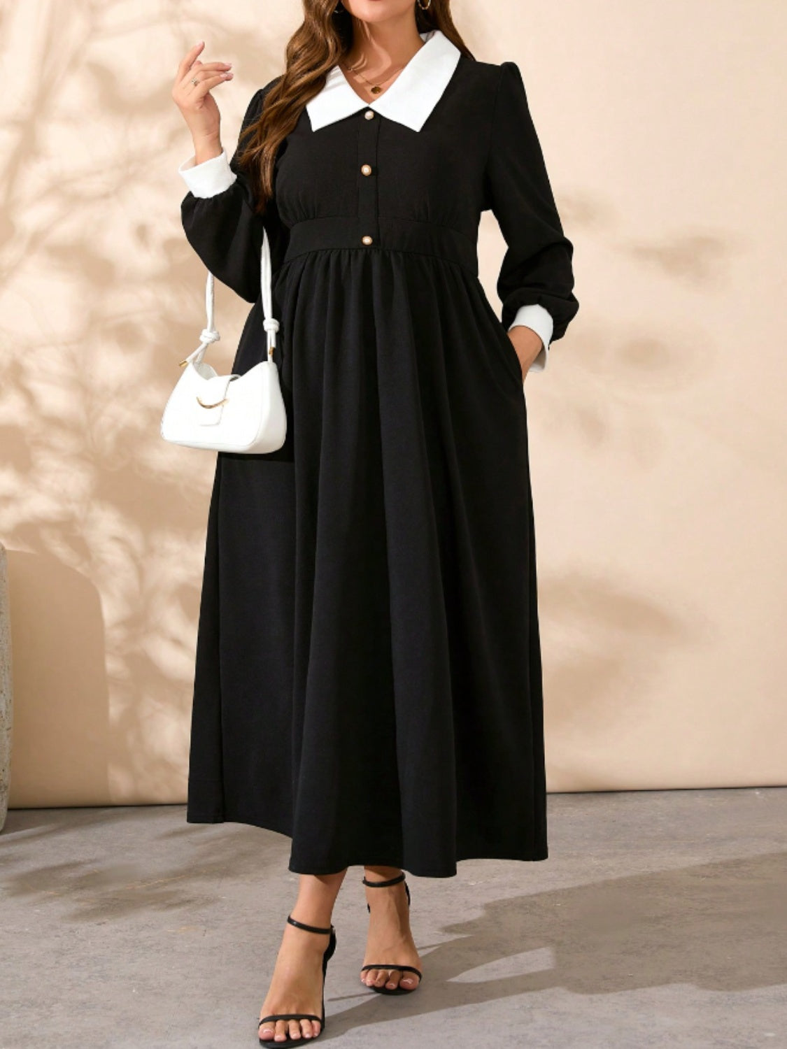 Women's Plus Size, Collared Neck, Long Sleeve, Midi Dress