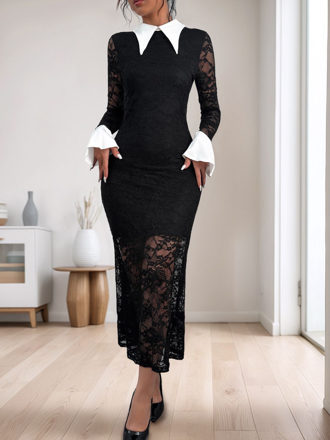 Perfee Lace Contrast, Collared Neck, Long Sleeve, Black Midi Dress