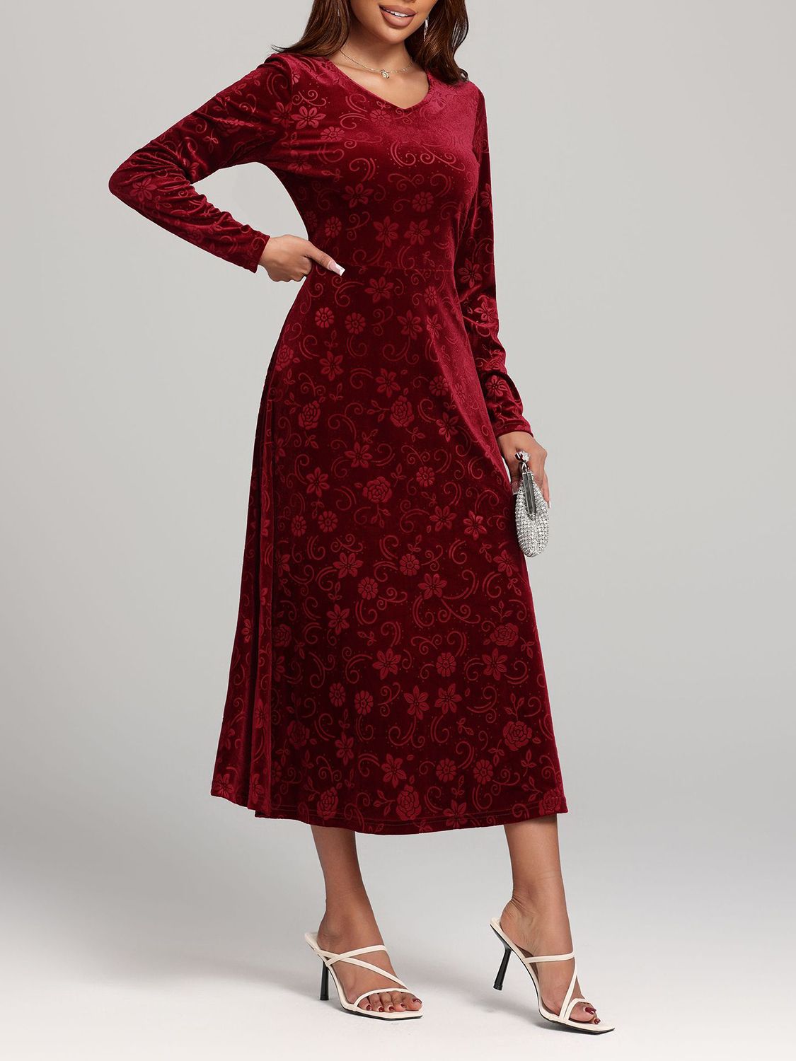 Flower Print, V-Neck, Long Sleeve, Midi Dress