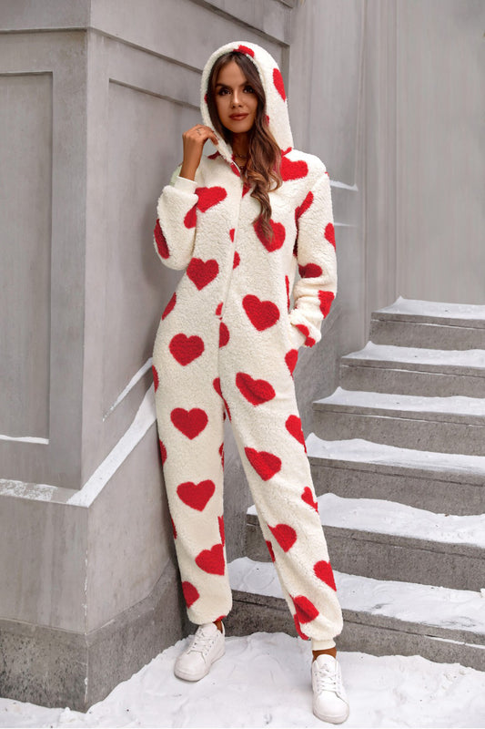 Fuzzy Heart, Zip Up, Hooded, Lounge Jumpsuit