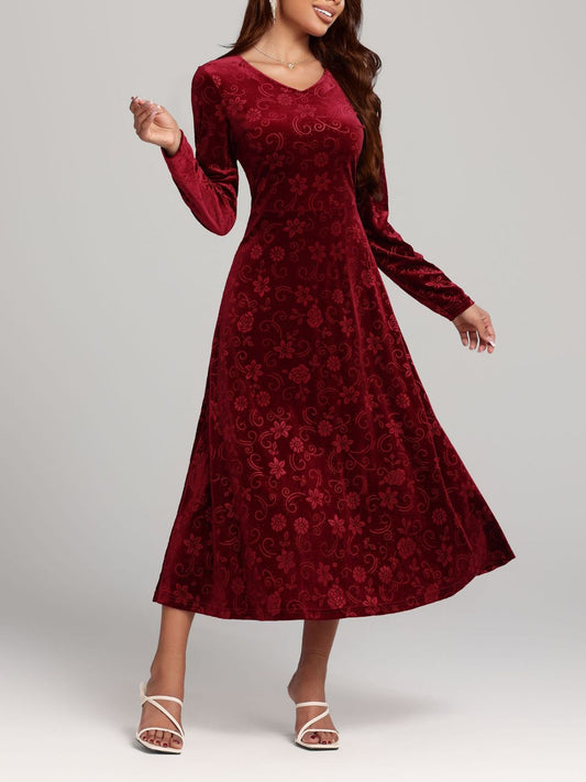 Flower Print, V-Neck, Long Sleeve, Midi Dress