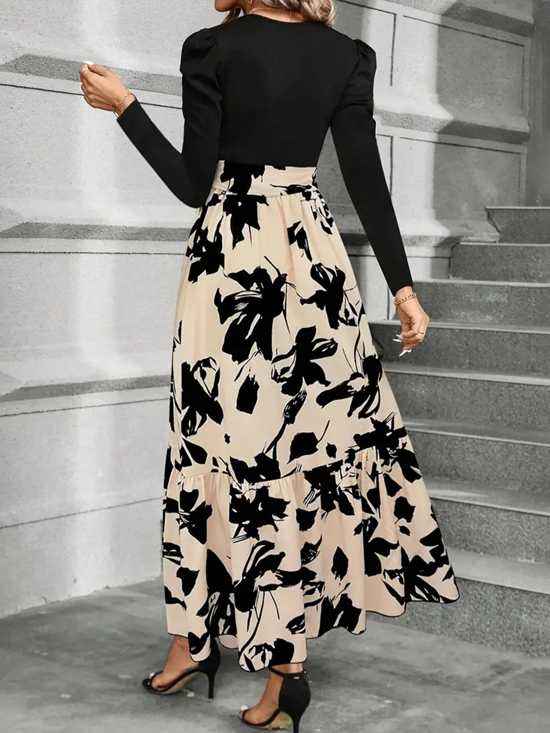 Black and Cream long skirted, Long Sleeve Dress