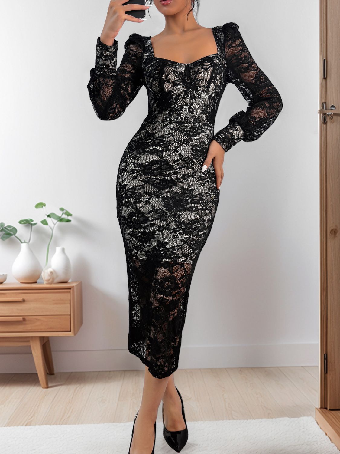 Perfee Lace, Sweetheart Neck, Long Sleeve, Black Midi Dress