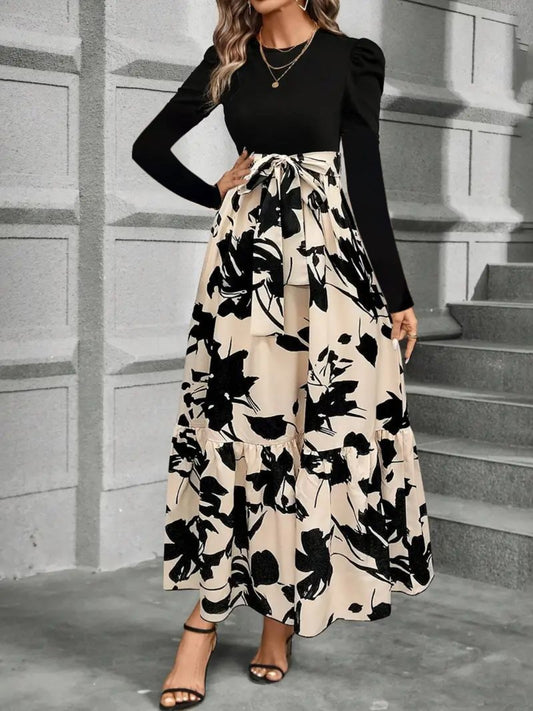 Black and Cream long skirted, Long Sleeve Dress