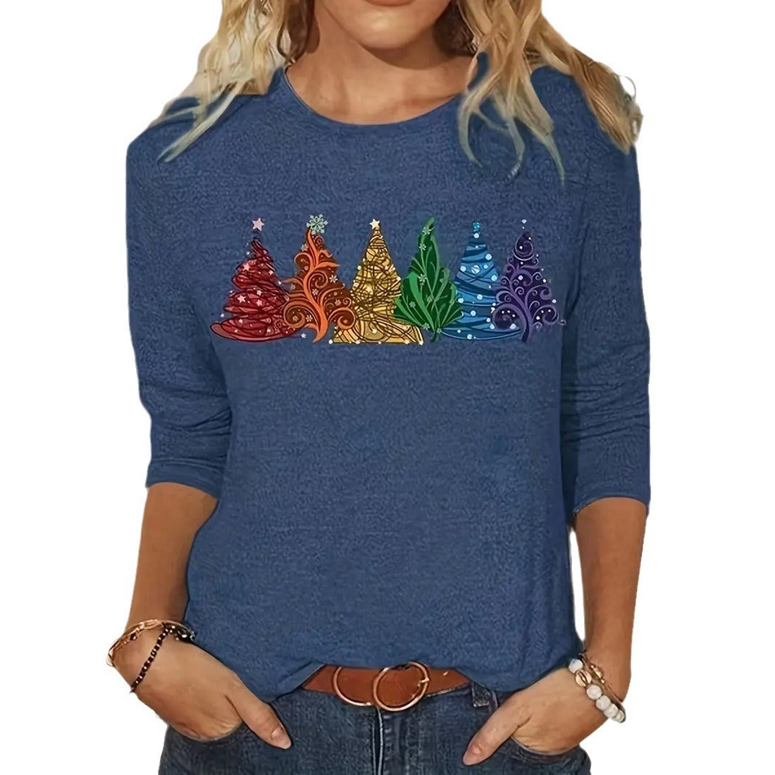 Women's Christmas Tree, Long-sleeved, Round Neck T-shirt