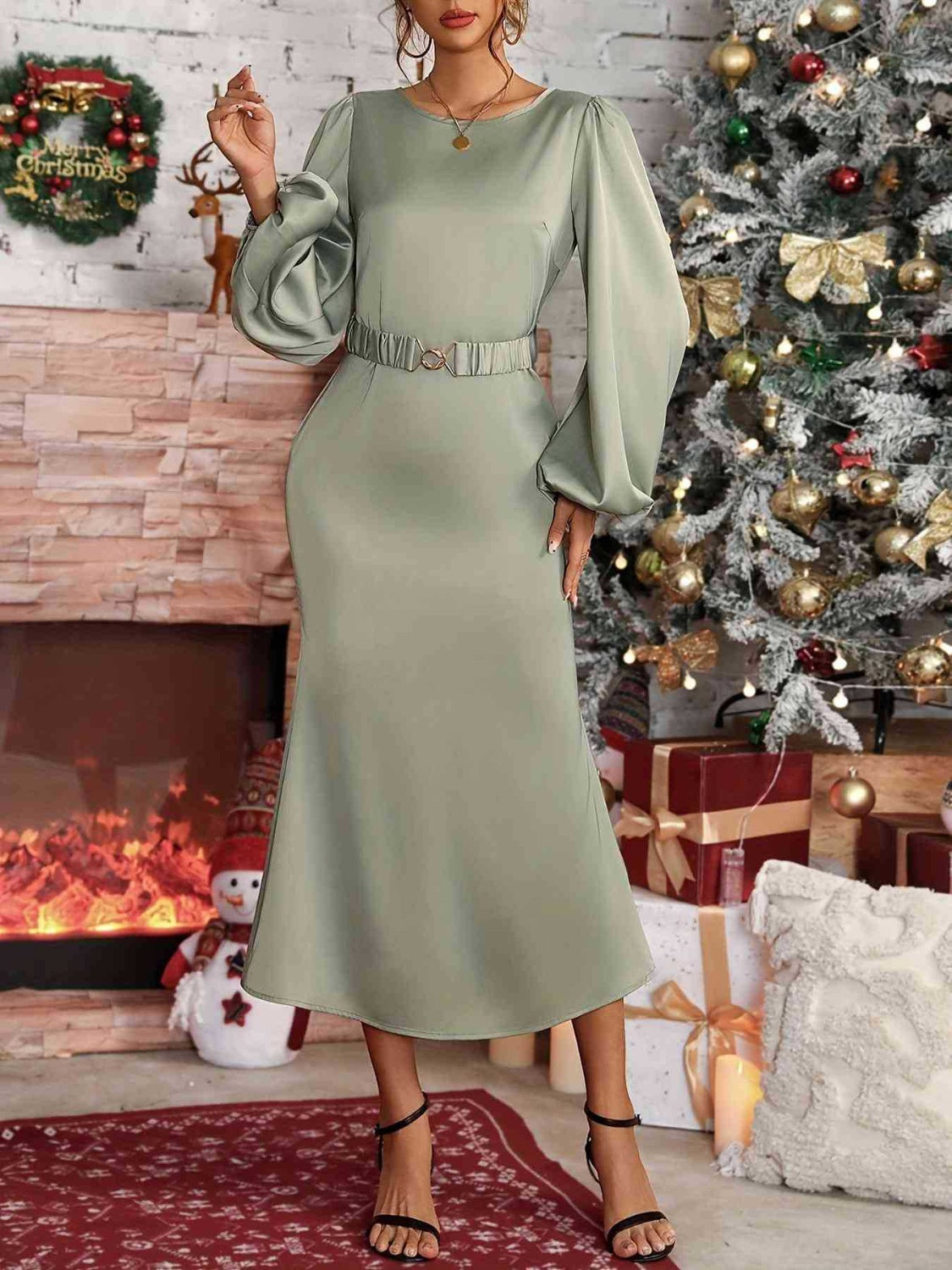 Sage Midi Dress with Round Neck & Balloon Sleeve