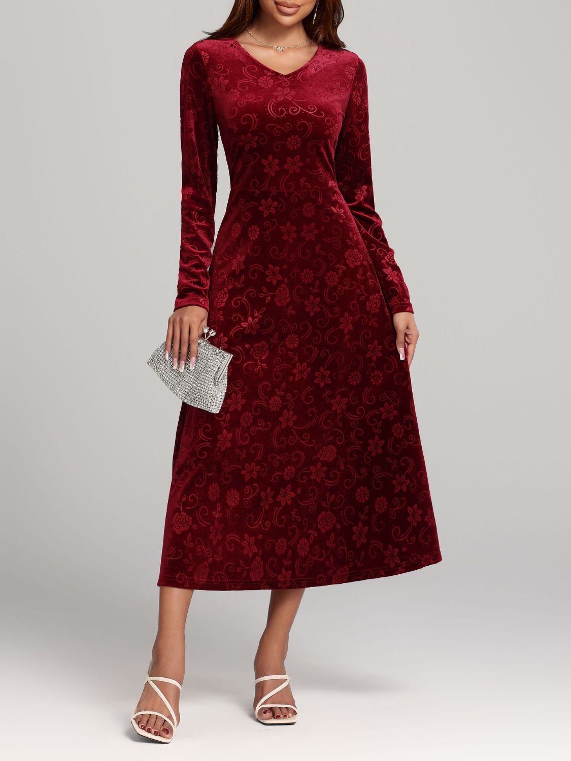 Flower Print, V-Neck, Long Sleeve, Midi Dress