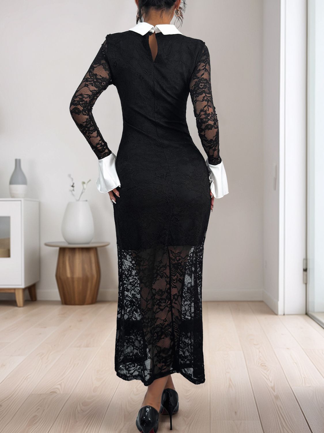 Perfee Lace Contrast, Collared Neck, Long Sleeve, Black Midi Dress