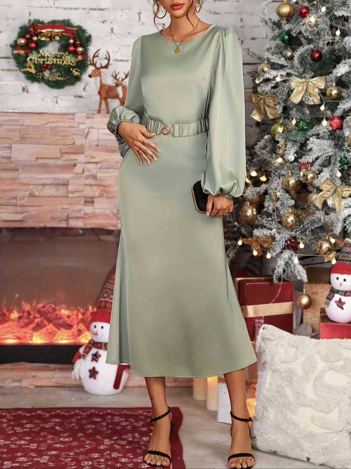 Sage Midi Dress with Round Neck & Balloon Sleeve