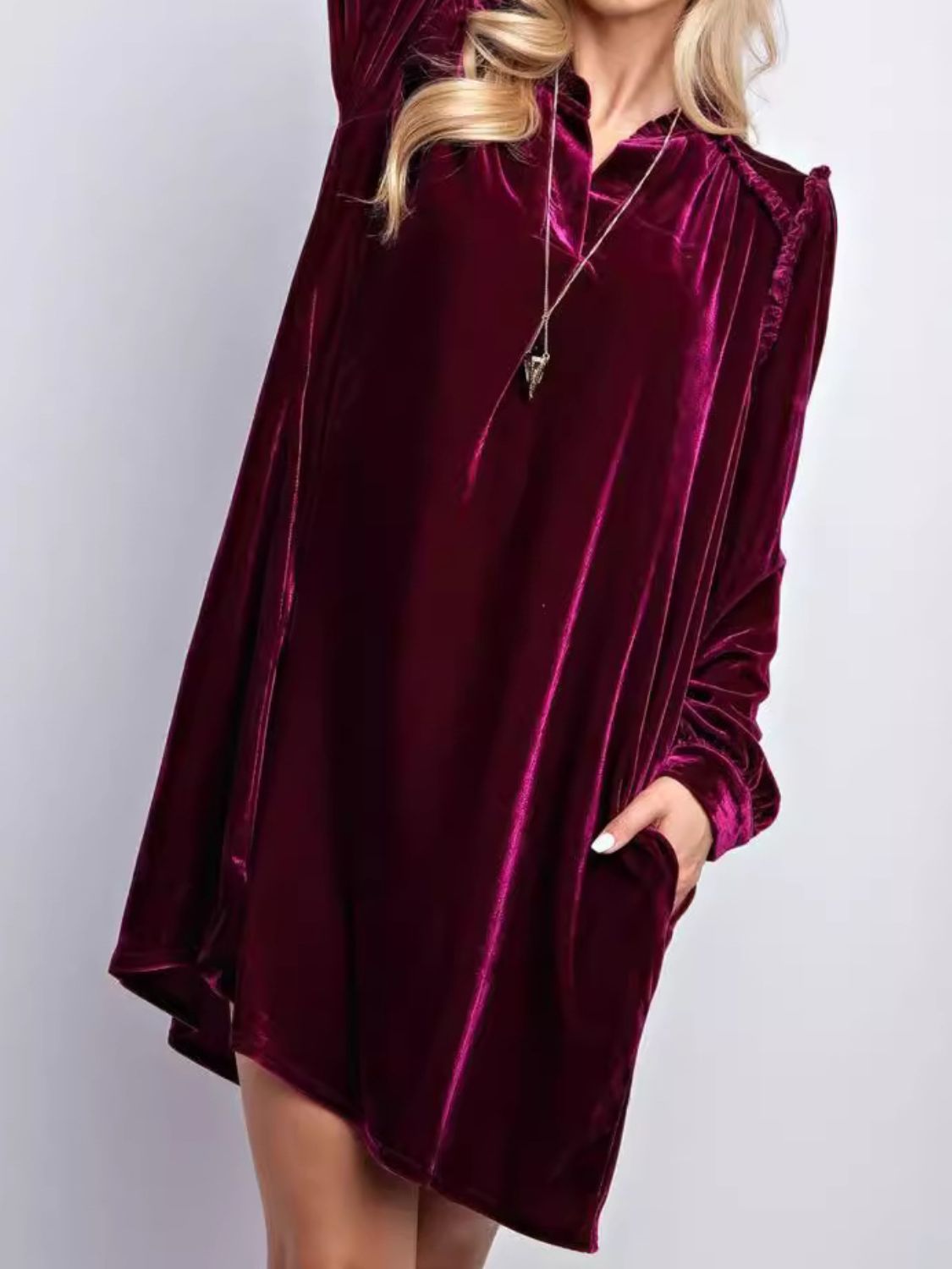 Frill Notched, Long Sleeve, Dress with Pockets