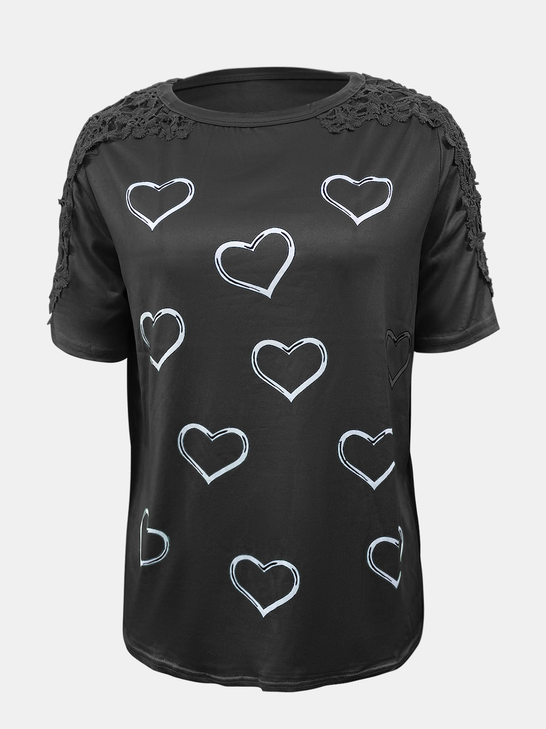 Full Size Lace, Detail Heart Round Neck Short Sleeve Top